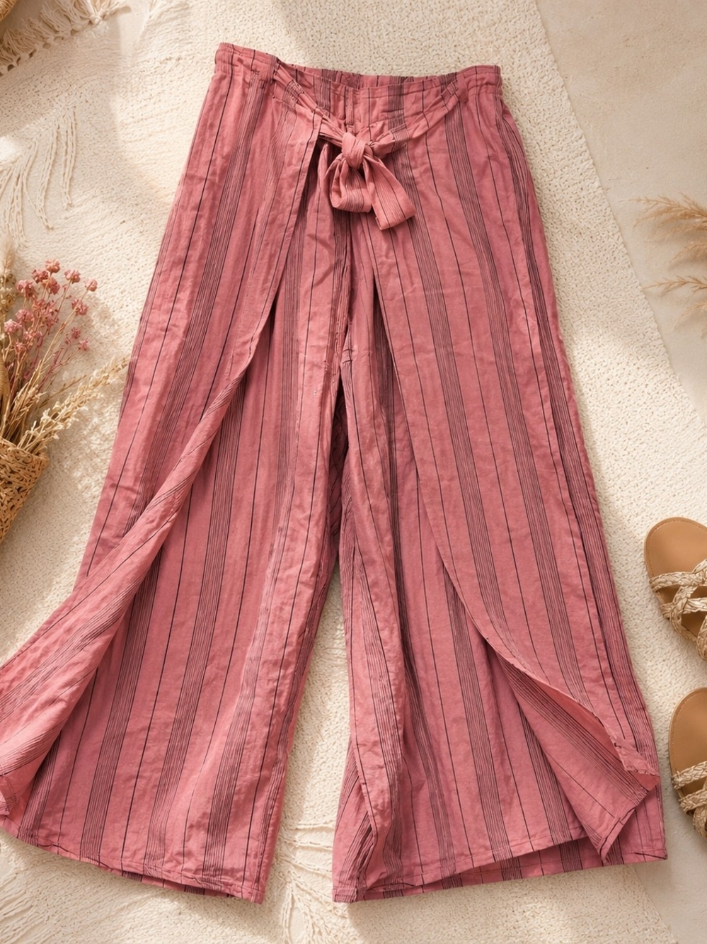 Wide-Leg Tie-Waist Striped Pants in Dusty Rose